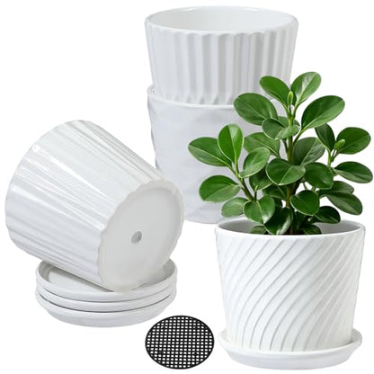 sietpoek 5.5” Ceramic Plant Pots with Drainage and Saucer 4PCs White - size: 5.5 Inch