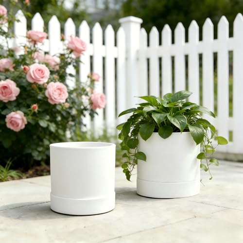 GreenShip Planter Set of 2 (9.8" & 7.8") – Cylinder Planters with Drainage Hole and Planter Saucer, Jun Porcelain Clay & Recycled Resin, Decorate Home,Office & Outdoor,White pots - color: White, size: 9.8in+7.8in