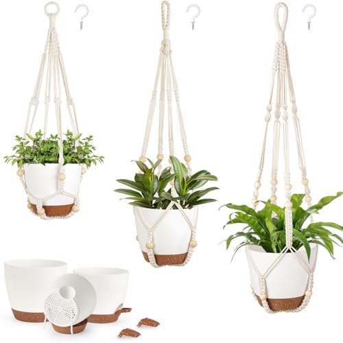 Mkono 3 Pack Hanging Planters for Indoor Plants, Macrame Hangers, 3 Sizes - color: Ivory