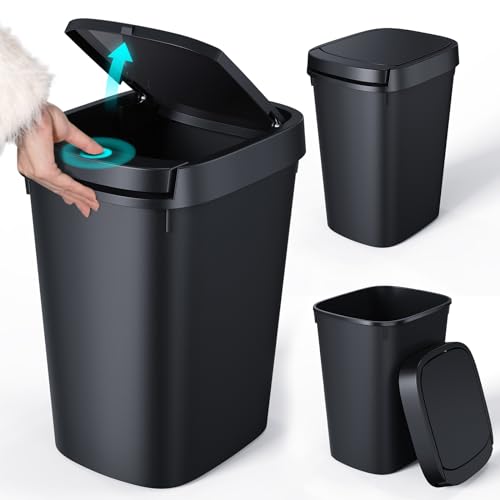 CEROELDA 3 Pack Slim Bathroom Trash Can, 10L/2.6 Gal with Press Top and Pop-up Lid, Plastic Wastebasket for Toilet, Office, Bedroom (Black) - color: 3 Pack-Black