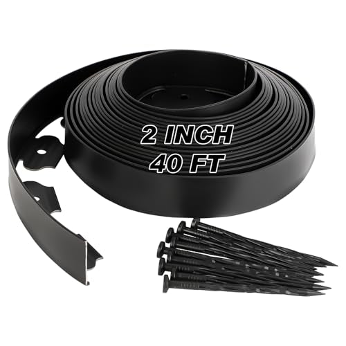 No Dig Landscape Edging 2 Inch x 40 FT, Heavy Duty Flexible Plastic Garden Border with 50 Spiral Spikes, Lawn Edging for Flower Beds, Walkways, Tree Rings, Mulch Beds and Landscaping, Black - style: 2 Inch × 40FT