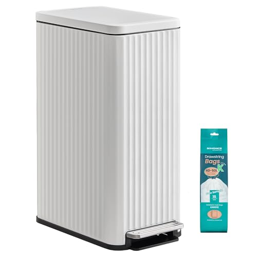 SONGMICS Trash Can, 13 Gallon (50 L) Slim, Stainless Steel, with Lid, Pedal - color: Cloud White, size: 13 Gallon (Slim)