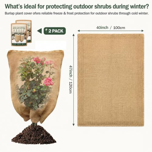 2-Pack Burlap Fabric Plant Bags - 40 X 47 Inch Winter Plant Cover Freeze Protection, Reusable Burlap Sacks Plant Frost Cloth for Outdoor Plants, Cold Weather Tree Wrap for Trees, Bushes & Garden - size: 40*47inch-2Pack