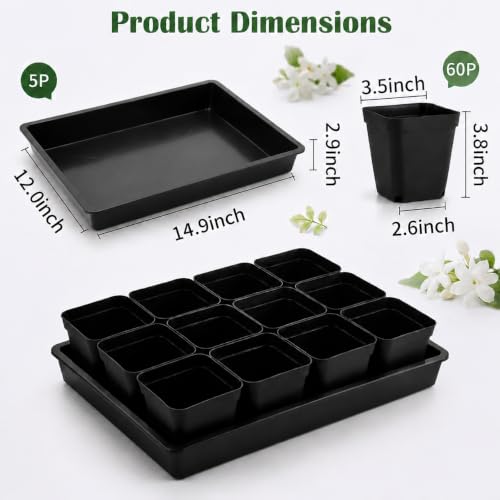 5 Pack Plastic Seed Starter Tray with 60pcs 3.5 inch Nursery Pots - size: Thick Trays+Square Pots-5P