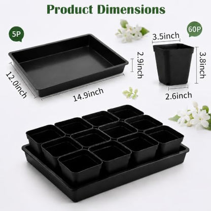 5 Pack Plastic Seed Starter Tray with 60pcs 3.5 inch Nursery Pots - size: Thick Trays+Square Pots-5P