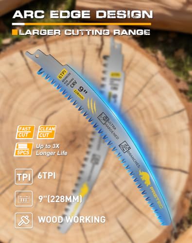 9-Inch Arc Edge Reciprocating Saw Blades, 6TPI for Wood Pruning, 5 Pack - size: 9 INCH