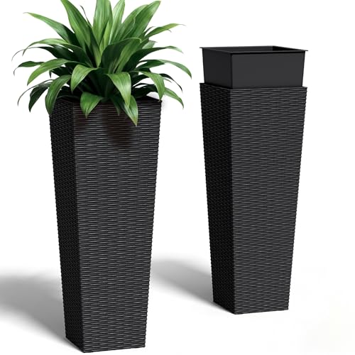 Greesum 32 Inch Tall Plastic Planters with Rattan Texture – Set of 2, Black - color: Black, size: 32" without Tray