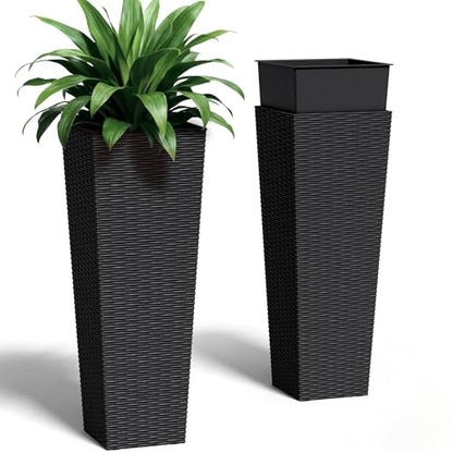 Greesum 32 Inch Tall Plastic Planters with Rattan Texture – Set of 2, Black - color: Black, size: 32" without Tray
