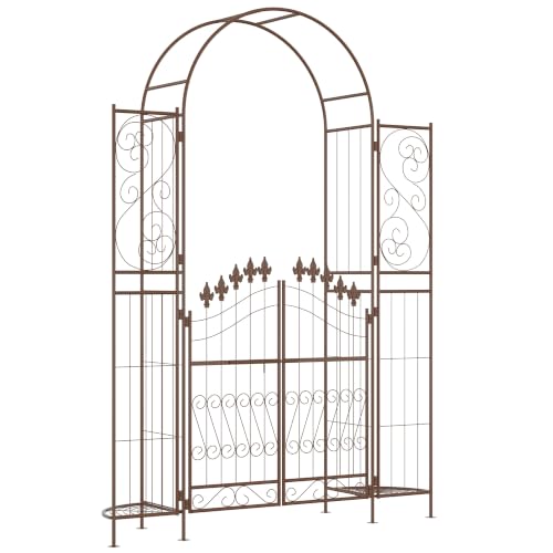 Outsunny 7' Metal Garden Arbor Garden Arch with Gate Planter Shelves Brown