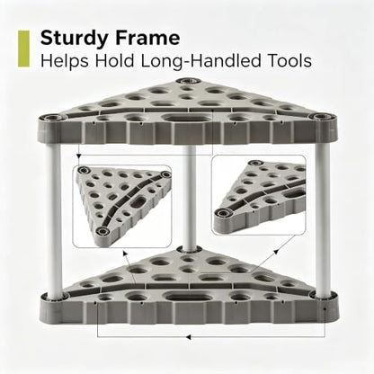 Corner‑Fit Garage Tool Storage Tower, Holds Up to 30 Long‑Handle Tools, Black Resin Organizer, Tool‑Free Assembly, Stable Freestanding Garden Rack