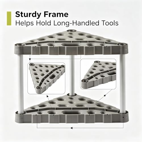 Corner‑Fit Garage Tool Storage Tower, Holds Up to 30 Long‑Handle Tools, Black Resin Organizer, Tool‑Free Assembly, Stable Freestanding Garden Rack