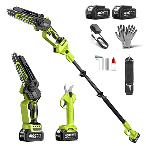 Supstable 4-in-1 Pole Saw & Pruning Shears Combo Kit, 6 Inch Mini Chainsaw for Tree Trimming, Battery Powered Chain Saw with Extension Pole, Limb Branch Cutter Pruner with 2 x 4000mAh Batteries - color: Kelly Green