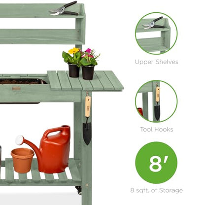 Best Choice Products Mobile Garden Potting Bench, Outdoor Wood Workstation Table w/Sliding Tabletop, 4 Locking Wheels, Food Grade Dry Sink, Storage Shelves - Sage Green - color: Sage Green