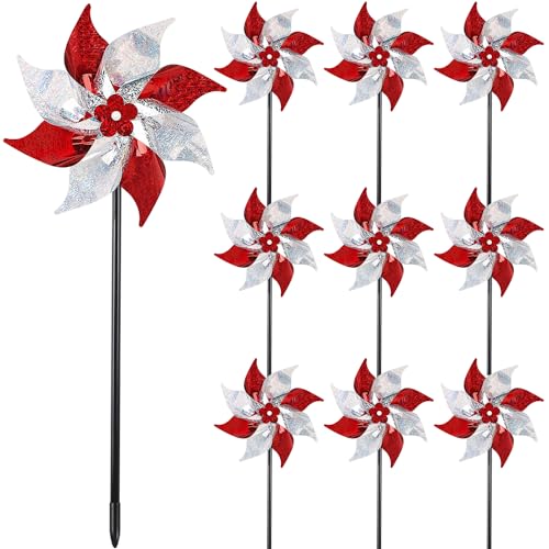 Hausse 10 Pack Reflective Pinwheels (Assembly Required), Sparkly Wind Sculptures for Garden Christmas Holiday Winter Decor, Deterrent to Scare Birds Away from Yard Patio Farm, Red & Silver - color: Red & Silver