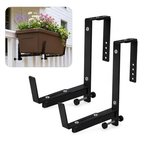 2 Pack Adjustable Window Box Brackets for Railing, Measure Before Ordering - color: Black 2 Pack