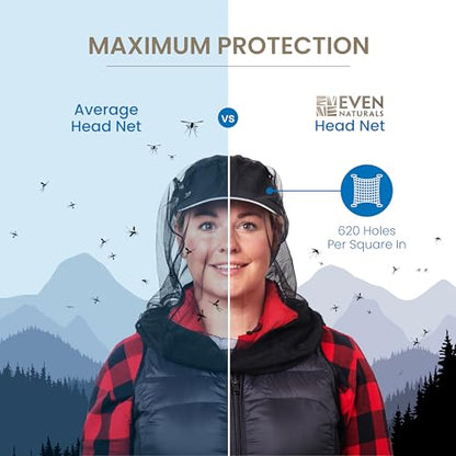 EVEN NATURALS Premium Mosquito Head Net - Ultra Large and Long, Extra Fine Holes, Mesh (39 * 26 * 25 inch) - size: 2-Pack