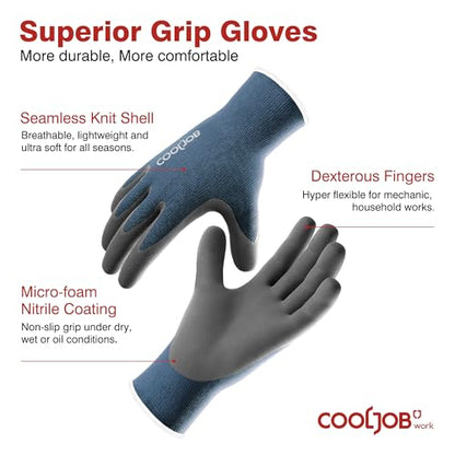 COOLJOB 6 Pairs Gardening Gloves for Men, Breathable Rubber Coated, Xlarge - color: Black & Blue (Nitrile Touchscreen), size: X-Large (Pack of 6)