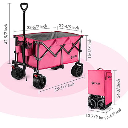 VILLEY Collapsible Folding Wagon with Big Wheels, Enlarged 225lbs Capacity, All Terrain Wagons Carts Heavy Duty Foldable, Portable Utility Garden Cart with 2 Cup Holders and Brake, Pink. - color: Pink