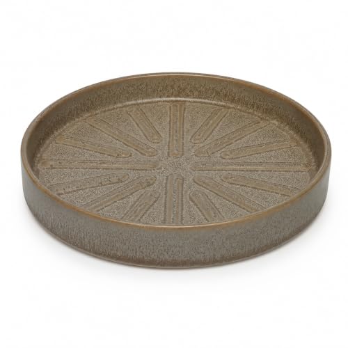 10 Inch Ceramic Plant Saucer with Embossed Radial Pattern, Rustic Gray