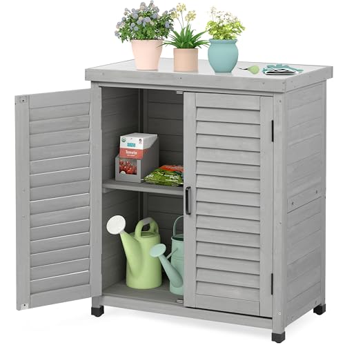 Outdoor Storage Cabinet & Potting Bench Table with Metal Top, Wooden Patio Furniture, Garden Workstation (Accent Grey, 36x31x17in) - color: Accent Grey, size: 36x31x17in