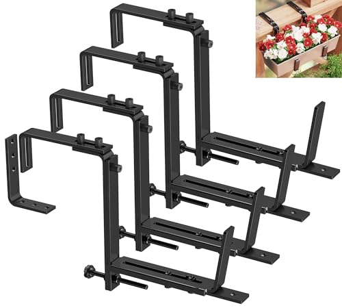 Y&M 4 Pcs Deck Railing Adjustable Planter Box Brackets (6 to 12.5 in), Universal Heavy Duty Iron Flower Box Brackets Wall Mounting Hooks for Fences, Patio, and Garden - Black (Patent Registered) - size: 4 Pcs - Black