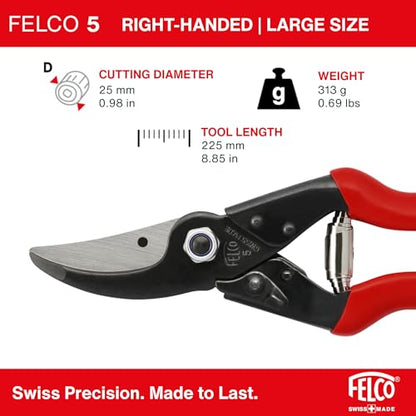 Felco F5 Pruning Shears – 8.9" All Steel Large Swiss-Made Garden Clippers| Hand Pruners for Garden & Landscape | Garden Tool Cutter with Precision Bypass Blade, Forged Aluminum Body, Replaceable Parts - size: F5 Large Steel