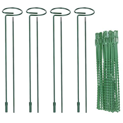 Huakaile 4 Packs Adjustable 23.6" Plant Stakes and Supports with 30 Pieces 9" Twist Ties, Green Plant Holder Stick Outdoor Indoor, Metal Flower Support Stakes Rings for Gardens Vegetables (60 cm) - size: 60 cm