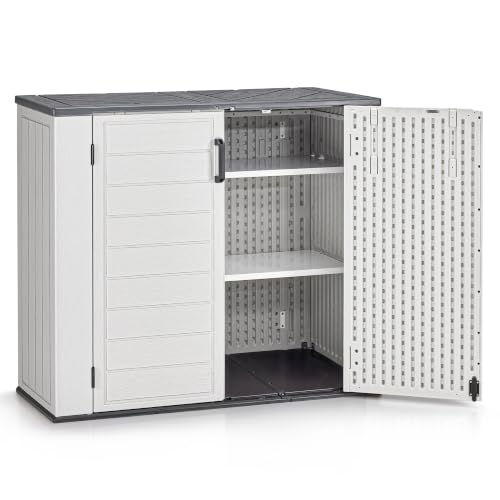 Macrout 32 Cu.Ft Small Plastic Outdoor Storage Cabinet with Shelves, 4.5 x 2 ft Waterproof Resin Outdoor Storage Shed with Floor, Lockable Horizontal Shed for Garden and Patio ST2135 - size: Small