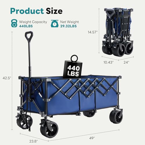 DUMOS 49" L Collapsible Wagon with Wheels, Large Folding Wagon Cart 440LBS - color: Blue, size: 250L
