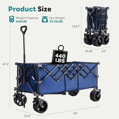 DUMOS 49" L Collapsible Wagon with Wheels, Large Folding Wagon Cart 440LBS - color: Blue, size: 250L