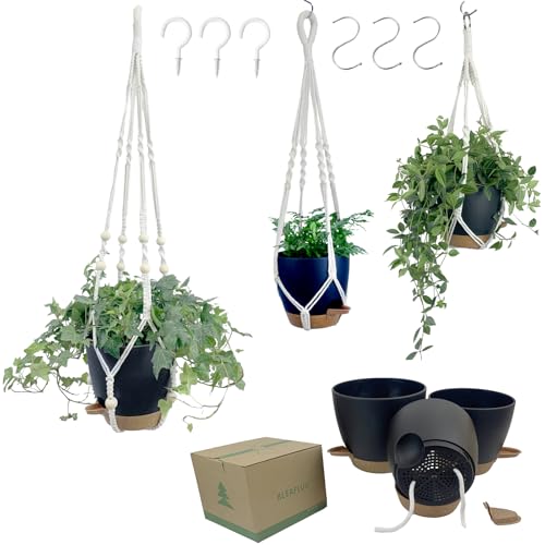 Hanging Planters with Macrame Plant Hangers for Indoor Outdoor Plants, 3 Set Hanging Baskets Flower Pots Holders 35''/27''/21'', Self-Watering Pots 7''/6''/5.5'', Boho Home Decor, Black - color: Black