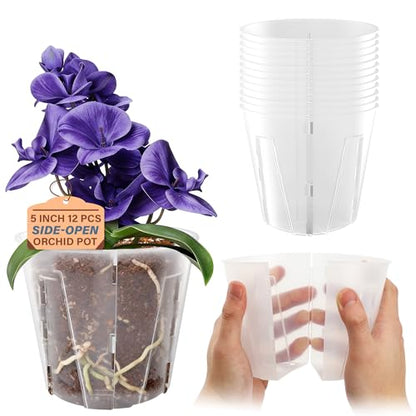 Bluepro 5 Inch Side-Open Orchid Pots 12 Pack, Plastic Nursery Planters with Detachable Side Walls for Easy Repotting, Breathable Slotted Flower Pots with Drainage for Root Health - size: 5 Inch-12Pcs
