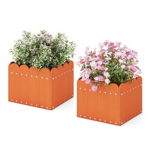 Giantex Set of 2 Raised Garden Bed, Weather-resistant HDPE Planter Boxes with Drain Gaps, Square Flower Pots for Vegetables, Flowers, Fruits, Plant Raised Beds for Front Porch, Garden, Balcony, Orange - size: 12.5"x12"x10"