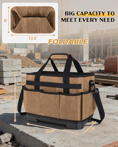 Marscamd Waxed Canvas Tool Bag with Hard Bottom and 8 Pockets - color: Khaki