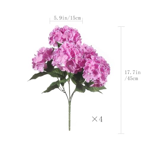 Sousi Hydrangea Artificial Flower for Outdoor, 4 Bundles Fake Hydrangea Bush Plant UV Resistant for Outdoors Front Porch Indoor Home Garden Decor (Fuchsia Pink) - color: Fuchsia