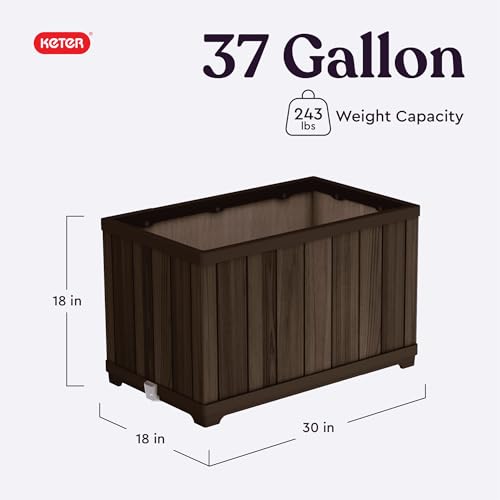 Keter Signature 21.7 Inch Tall Rectangular Large Wood Look Planter for Indoor or Outdoor Flower Pot Ideal for Patio Deck and Front Porch Decor, Rosewood - style: Rectangle