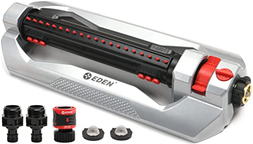 Eden 96216 Heavy Duty Turbo Oscillating Sprinkler, Covers Up to 4,900 sq. ft., 20 Precision Nozzles, Aluminum Base, Flow and Width Control, Adjustable Range, Quick Connects, Filters - style: With Triple Nozzle Switches