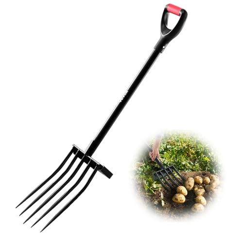 VEVOR Garden Fork, 5-Tine Gardening Pitchfork with Metal Handle, 41 in Heavy Duty Digging Fork with Y Grip, Forged Steel Spading Fork for Hay Potato Composting Transplanting Aeration - size: 5-Tine, style: Metal Handle & Steel Fork