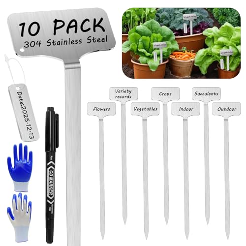 304 Stainless Steel Plant Markers, 10 Waterproof Metal Plant Label Stakes with 10 Tag Buckles & Marker Pen, 12.75" Garden Markers for Outdoor Indoor Plants Identification. - size: 12.75inch
