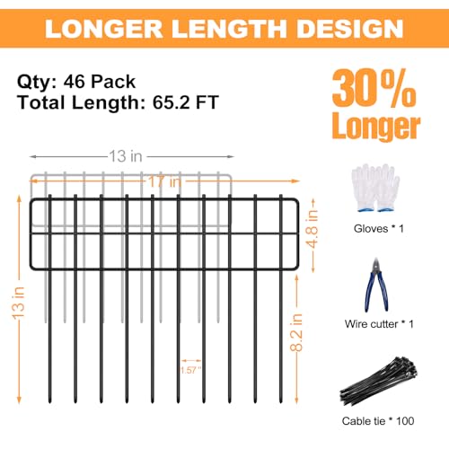 KYATE Garden Fence Animal Barrier, 46 Panels No Dig Fence 65.2ft(L) x13in(H), Rustproof Metal Defense Border, Dogs Rabbits Blocker Fence for Outdoor Yard & Patio - size: 46 Panels-65.2ft(L)x13in(H)