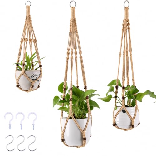Macrame Plant Hangers with Beads for Indoor and Outdoor, 3 Pack - color: Linen