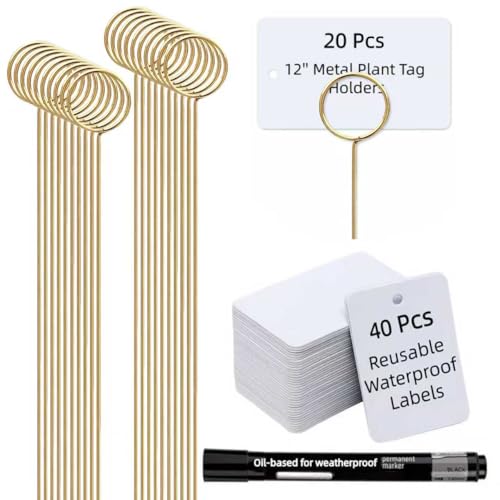 Plant Markers for Outdoor Plants, 40 PCS Reusable Waterproof Garden Labels with 20 Heavy-Duty 12" Metal Stakes, Large Rings & Permanent Marker for Herbs, Vegetables & Pots - style: 40 Lables + 20 Metal Stakes (R)