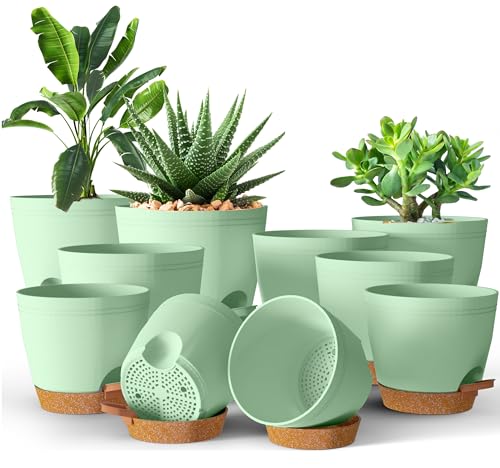 Utopia Home Self Watering Pots for Indoor Plants 6.8"/6.4"/5.9"/5.5"/4.9" Set of 10, Planters for Indoor Plants, Small Multi-Size Flowerpot, Plant Pots with Drainage & Reservoir (Olive Green) - color: Green, size: Pack of 10
