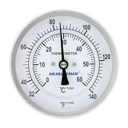 Measureman Fully Stainless Steel Bi-Metal Dial Thermometer, 3" Dial, 6" Stem, 32-140 deg F/0-60 deg C, +/-1% Accuracy, Adjustable, 1/2" NPT Back Mount - size: 3" Dial, 6" Stem, 32-140 deg F/0-60 deg C, style: 6" Stem