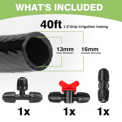Maotong 40 FT 1/2 inch Drip Irrigation Irrigation kit Main Line Supply Hose Tube for Garden Irrigation System (Includes 1/2"" Straight Connector, 3-Way Connector, Switch Valve), Black - size: 40FT 1/2" Main Tube