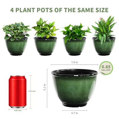 8Inch Plastic Plant Pots,4Pack Glazed Flower Pots for Indoor Outdoor Plants - color: Green