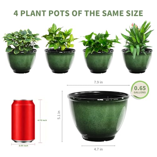 8Inch Plastic Plant Pots,4Pack Glazed Flower Pots for Indoor Outdoor Plants - color: Green
