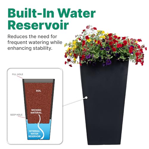 Step2 Tremont Tall Square Tapered Planter 2-Pack, 28 in Resin Planters, Self-Watering, Onyx Black - color: Onyx Black, size: 2-Pack, style: Tall
