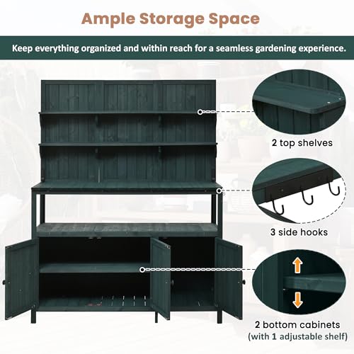 Christopher Knight Home Belfast 50.20" W Outdoor Potting Bench Table, Fir Wood Potting Table, Large Gardening Workstation with Storage Shelf, Ample Space Garden Tools Organizer for Backyard, Green