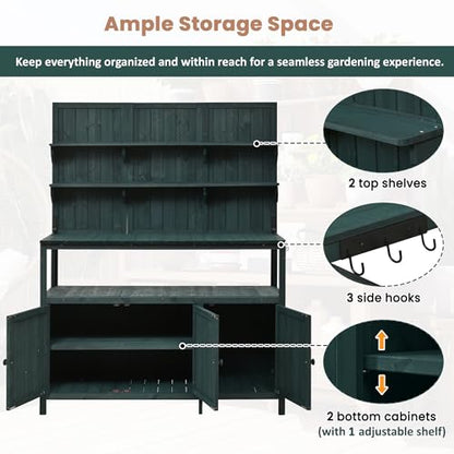 Christopher Knight Home Belfast 50.20" W Outdoor Potting Bench Table, Fir Wood Potting Table, Large Gardening Workstation with Storage Shelf, Ample Space Garden Tools Organizer for Backyard, Green